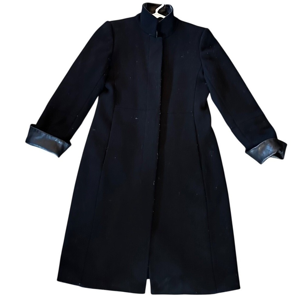 Via Spiga Black Wool Blend Coat Leather Trim Stand Women's 2 - Picture 2 of 6